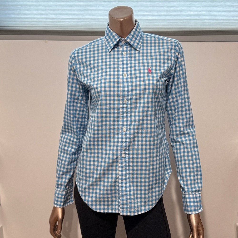 Ralph Lauren Sport Preppy Sky Blue White Checked Button Shirt Coastal Slim Fit/2
